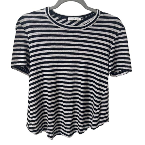 A.L.C. Top Black Stripe Pullover Crew Criss Cross Back 100% Linen, Womens XS - Picture 1 of 7